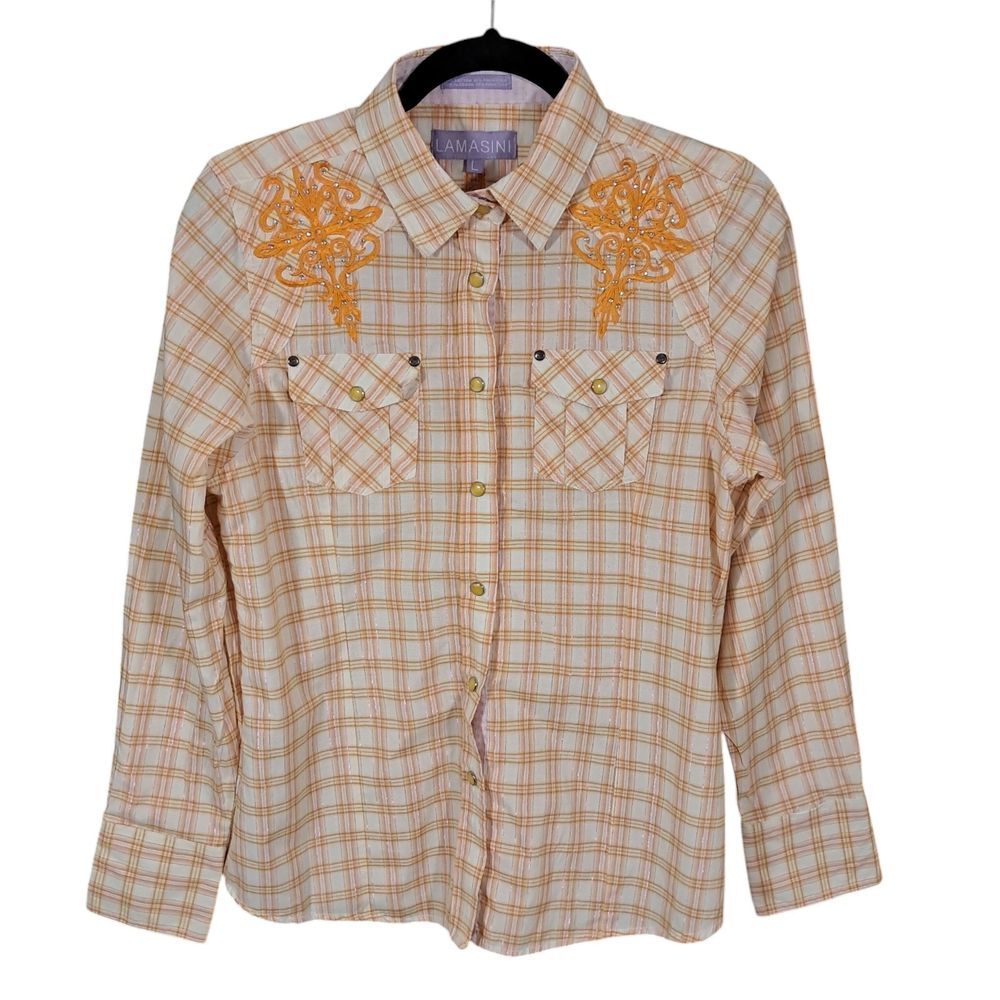 Lamasini Women Large Plaid Long Sleeve Pearl Snap Western Shirt Embroidered‎